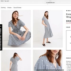 Embroidered gingham dress faux tie waist midi dress